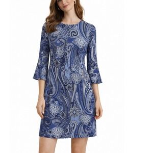 Tommy Hilfiger Dress Women's 4 Blue Paisley 3/4 Sleeve Sheath Mini